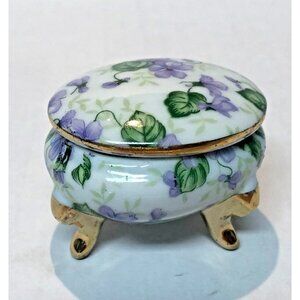 Lefton Heirloom Chintz Violet little oval pin covered box trinket footed #1239
